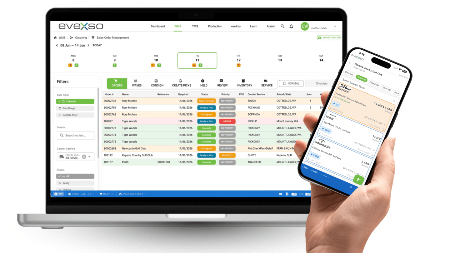 eveXso ERP integrations and warehouse operations on desktop and mobile