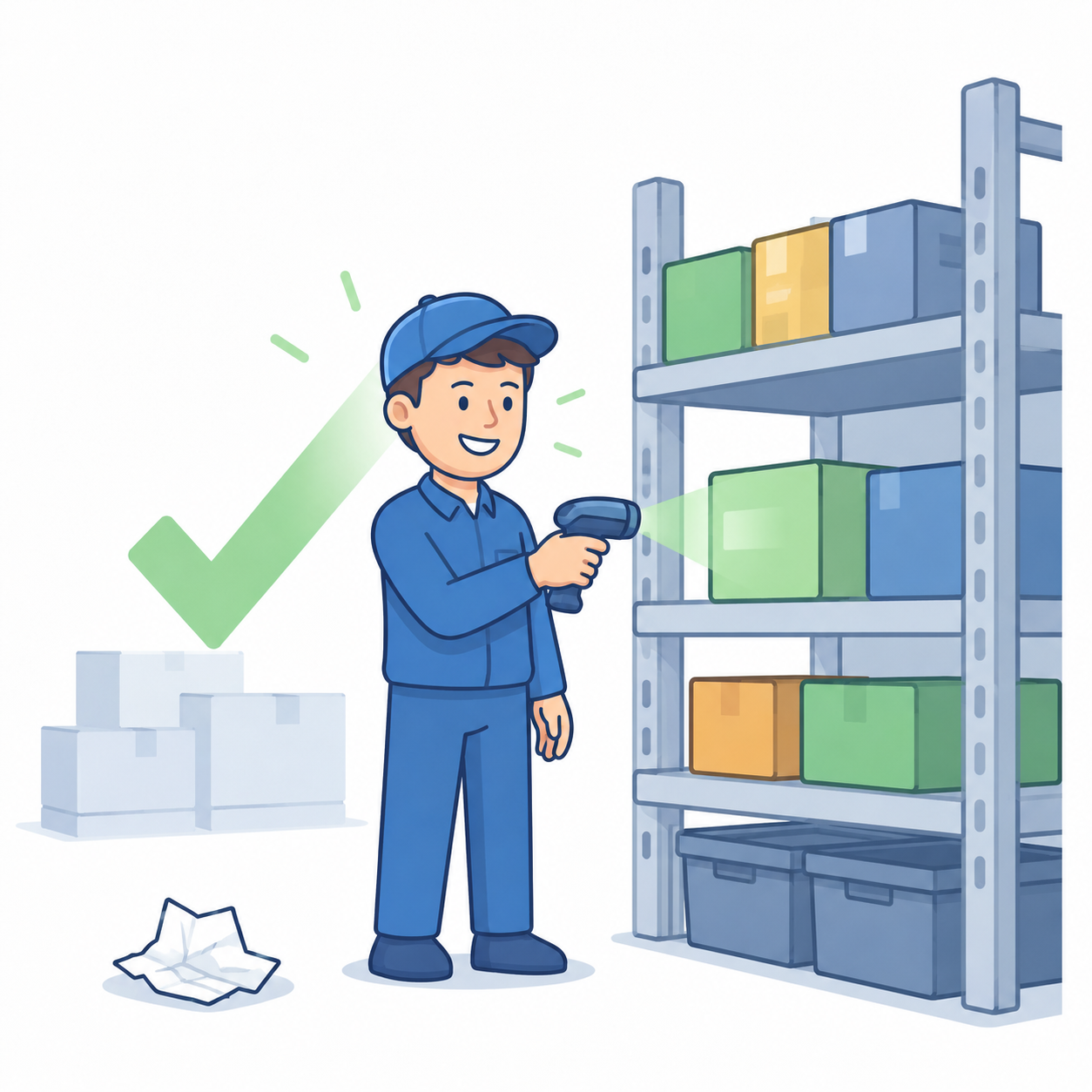 Warehouse worker scanning products with a barcode scanner after replacing paper pick-slips with eveXso WMS