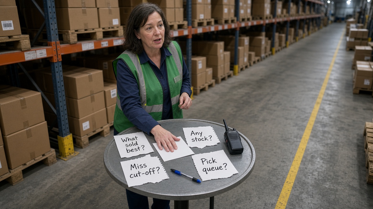 A warehouse supervisor at a stand-up table in an aisle, with handwritten notes asking what sold best, whether there is stock, which orders miss cut-off, and what is in the pick queue