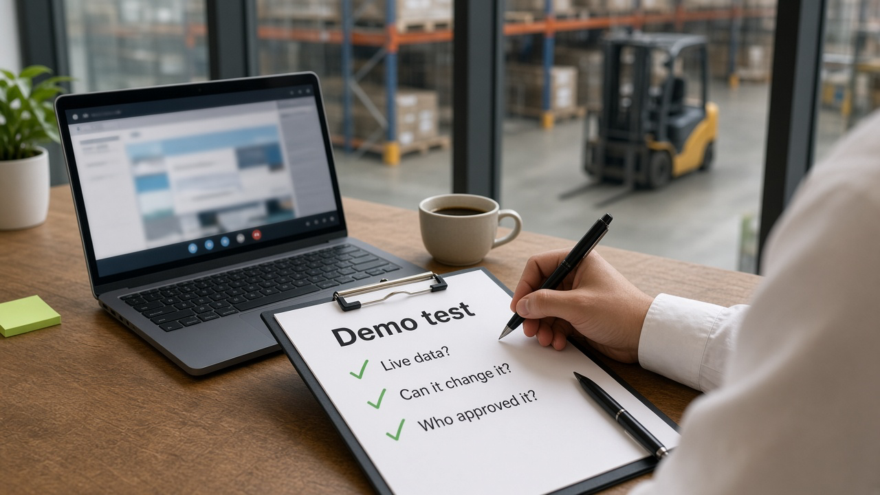 A logistics buyer in a warehouse office ticking off a demo test checklist during a video call: live data, can it change it, and who approved it, with the warehouse floor visible through the window