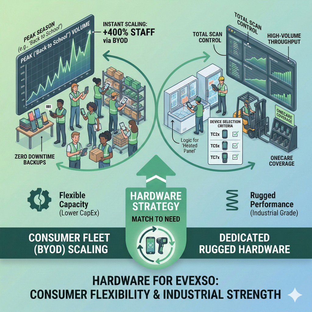 Side-by-side comparison of smartphone with camera scanning and Zebra rugged scanner in warehouse environment
