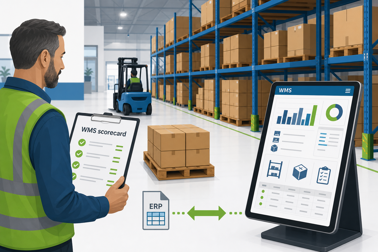 Warehouse manager with a WMS evaluation scorecard, inventory on racking, and a WMS dashboard tablet in a distribution centre