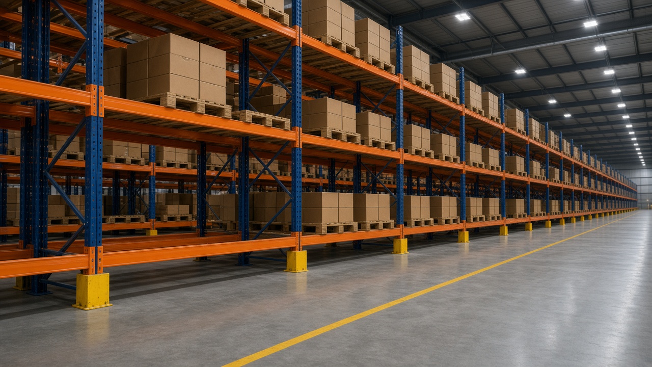 A long run of pallet racking with many empty beam levels beside stored cartons