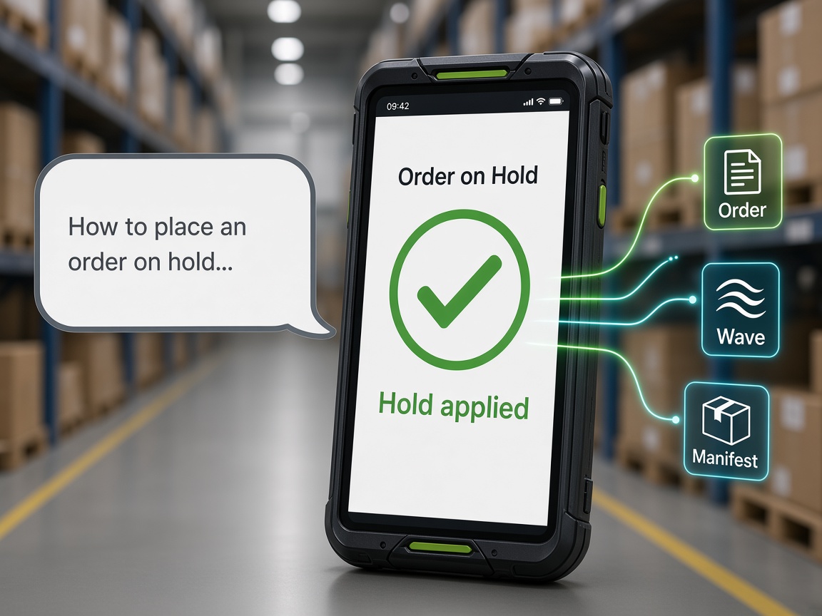 Split comparison in a warehouse: a passive chat bubble with instructions on the left versus a rugged scanner showing an order hold applied with approval on the right, illustrating agentic AI that acts rather than only answers