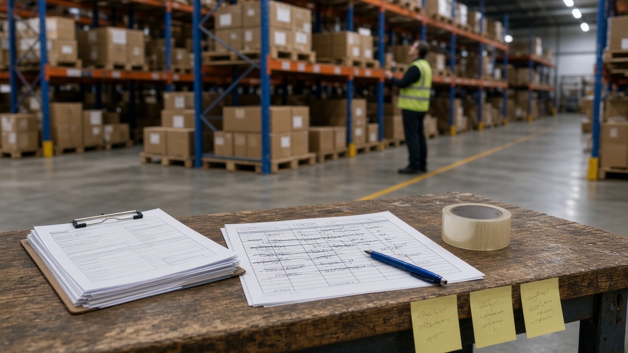 A warehouse packing bench covered in paper pick slips and a hand-corrected spreadsheet, with a worker searching the racking behind