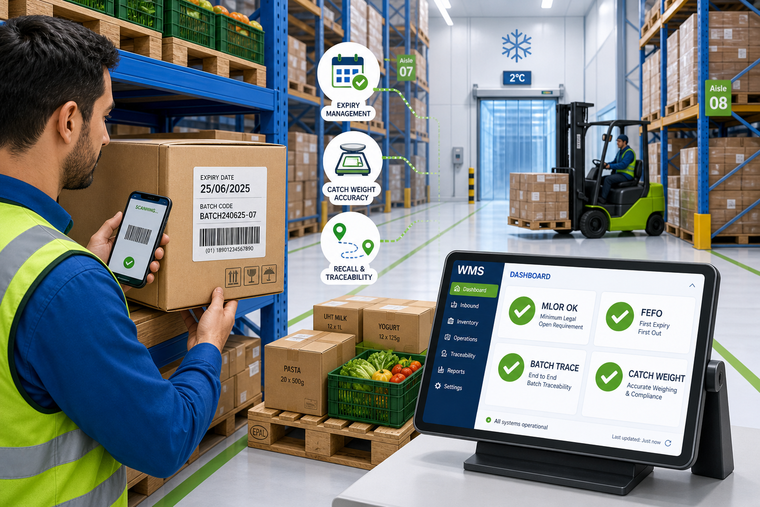 Warehouse worker scanning a food carton with expiry and batch labels while a WMS tablet shows MLOR OK, FEFO, batch trace, and catch-weight checks